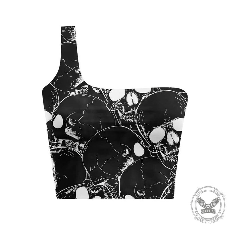 Gothic Skull Print Off-The-Shoulder One-Sided Sling Vest