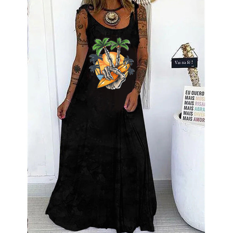 Gothic Skull Print Round Neck Women’s Casual Dress