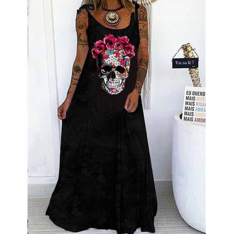 Gothic Skull Print Round Neck Women’s Casual Dress