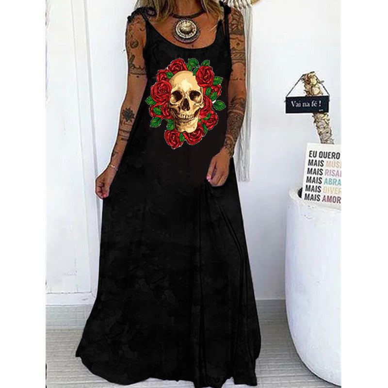 Gothic Skull Print Round Neck Women’s Casual Dress