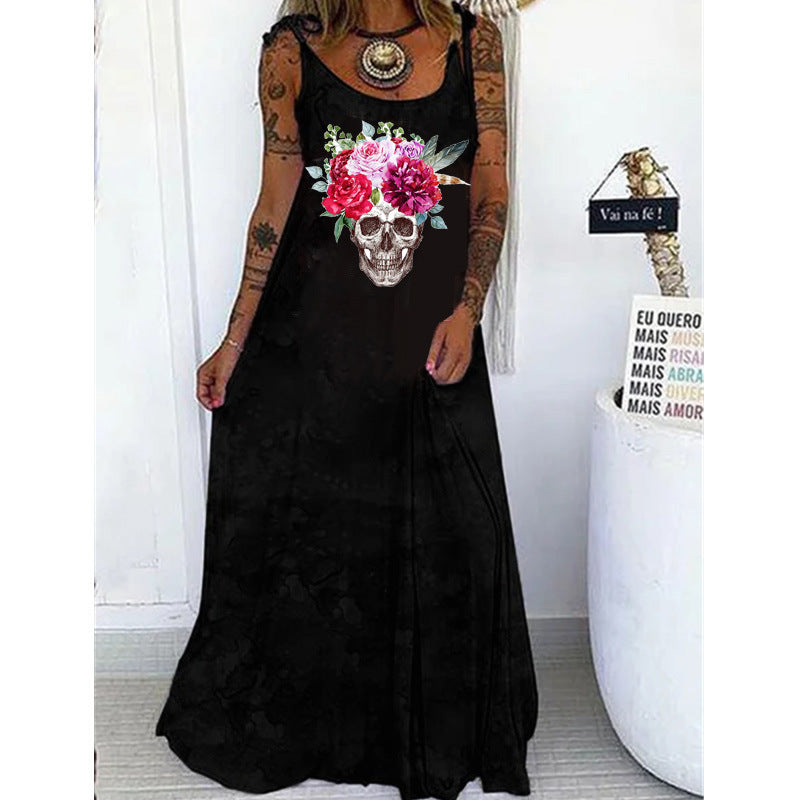 Gothic Skull Print Round Neck Women’s Casual Dress