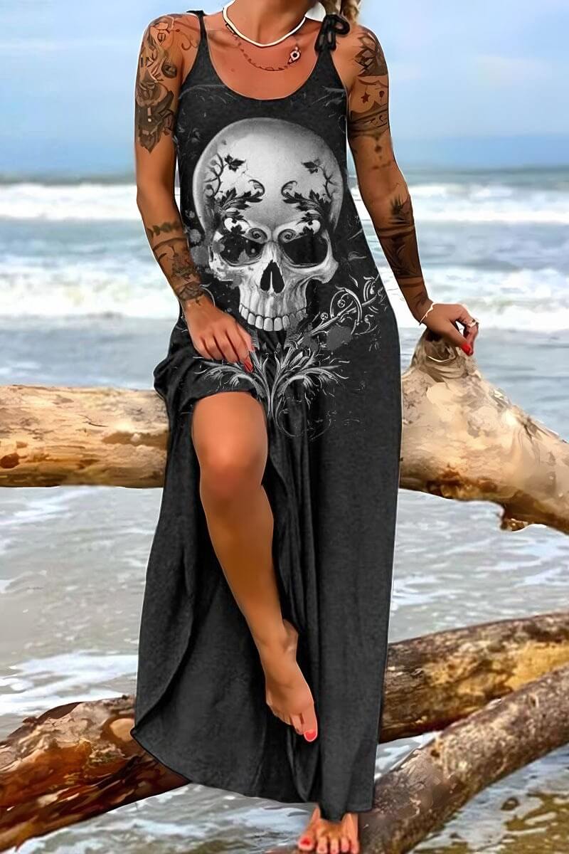 Gothic Skull Print Round Neck Women’s Casual Dress | Gthic.com
