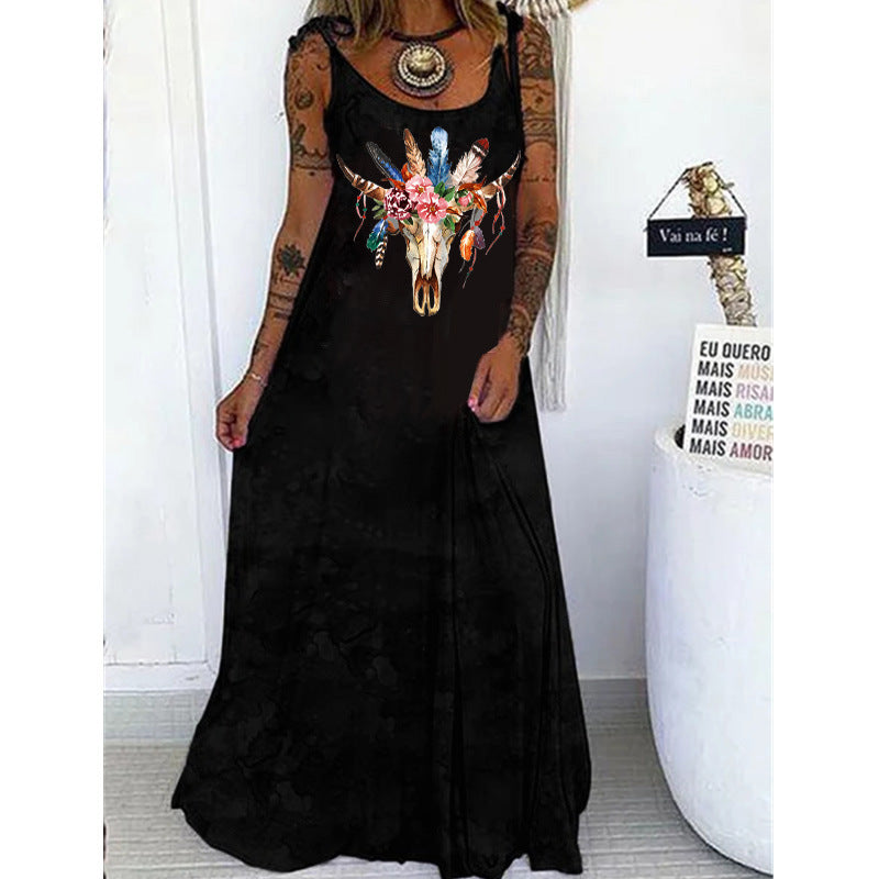 Gothic Skull Print Round Neck Women’s Casual Dress
