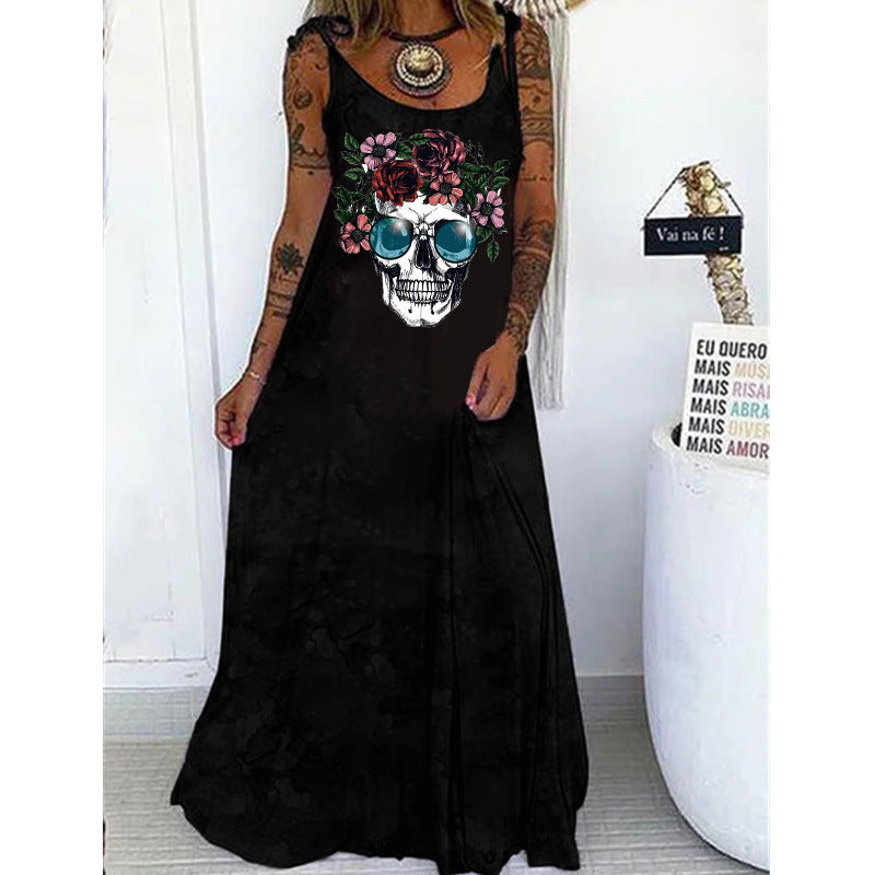 Gothic Skull Print Round Neck Women’s Casual Dress