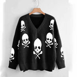 Gothic Skull Print V-Neck Knitted Sweater 01 | Gthic.com