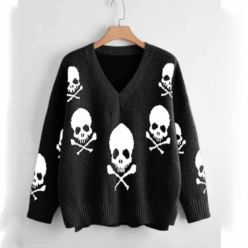 Gothic Skull Print V-Neck Knitted Sweater 01 | Gthic.com