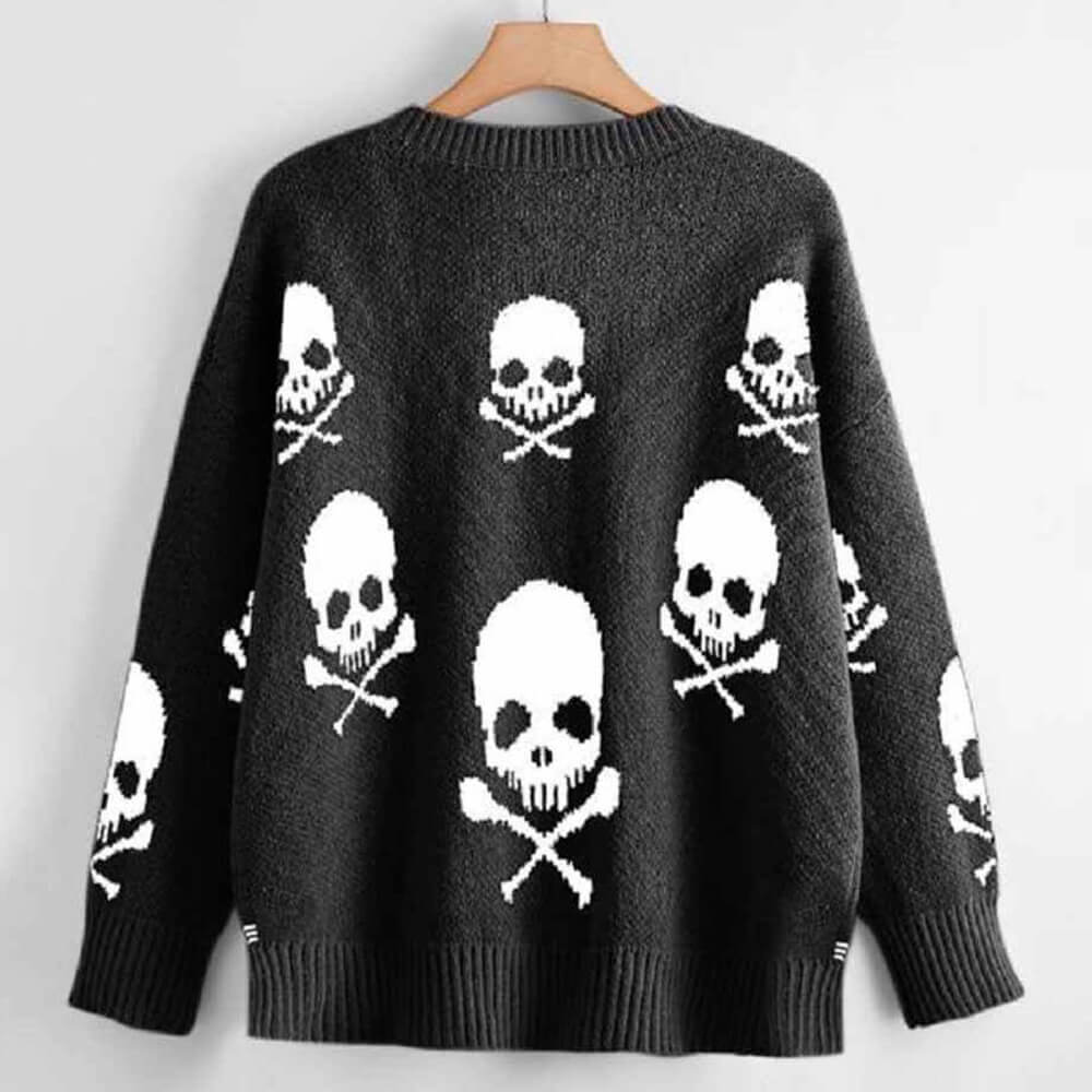 Gothic Skull Print V-Neck Knitted Sweater