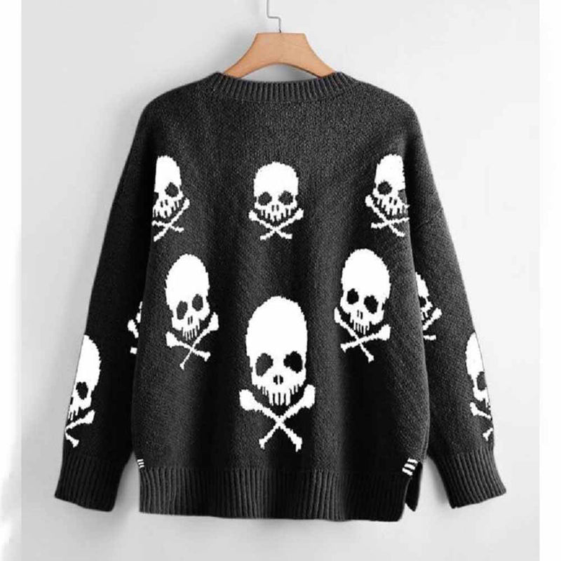 Gothic Skull Print V-Neck Knitted Sweater