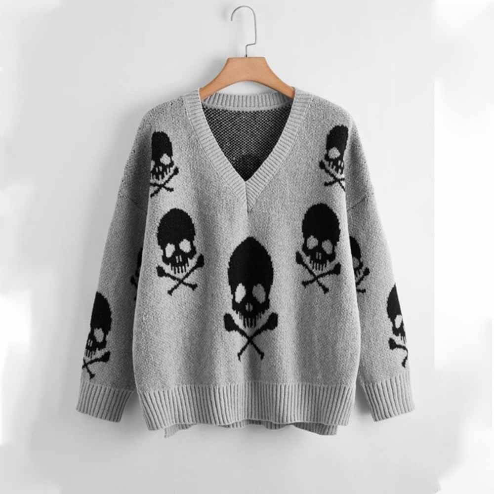 Gothic Skull Print V-Neck Knitted Sweater 03 | Gthic.com