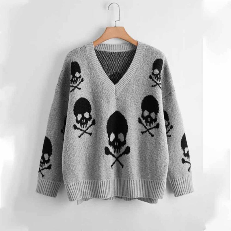 Gothic Skull Print V-Neck Knitted Sweater 03 | Gthic.com