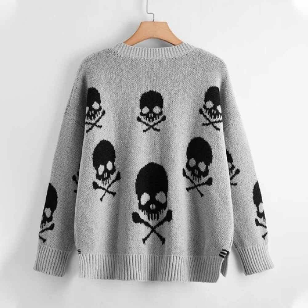 Gothic Skull Print V-Neck Knitted Sweater