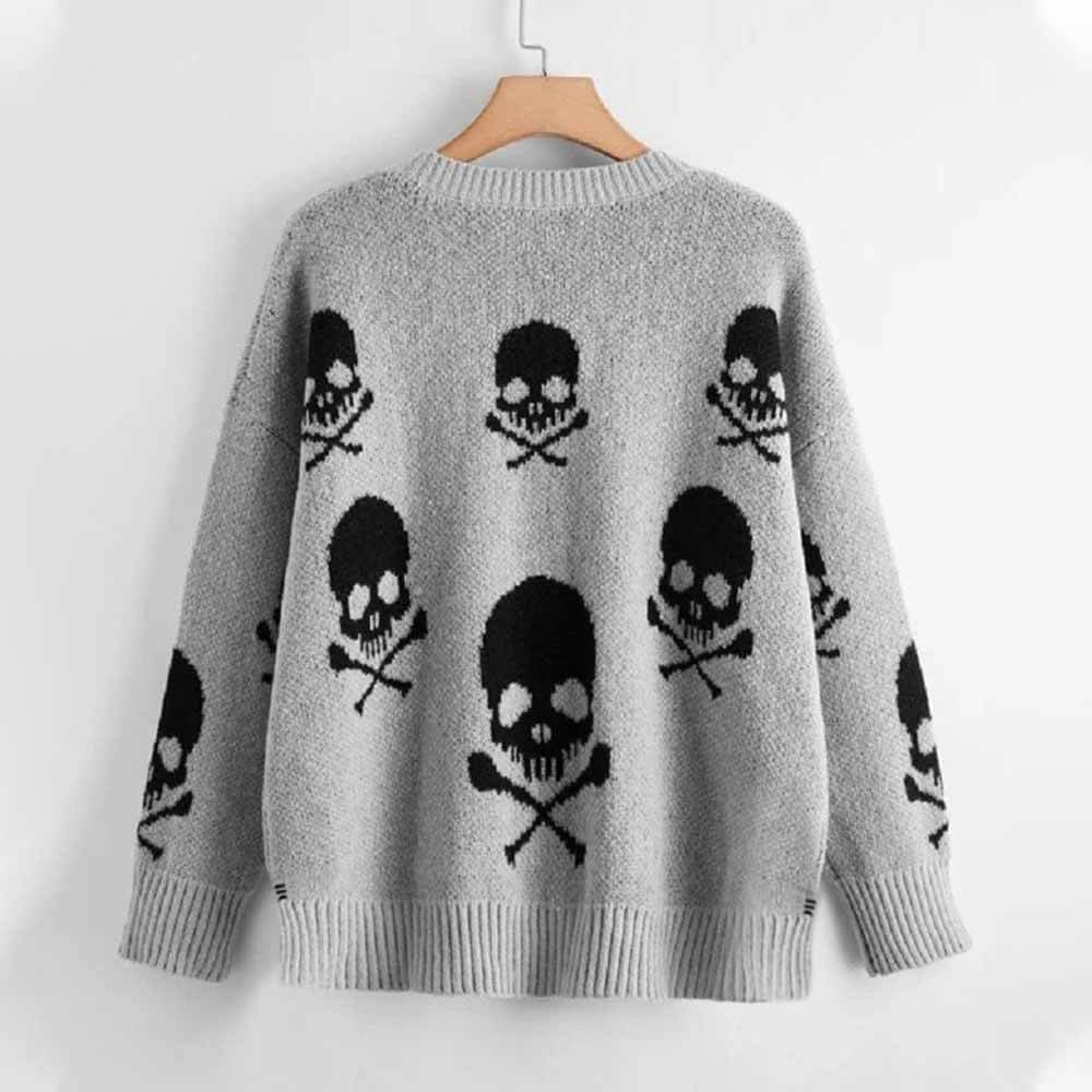 Gothic Skull Print V-Neck Knitted Sweater