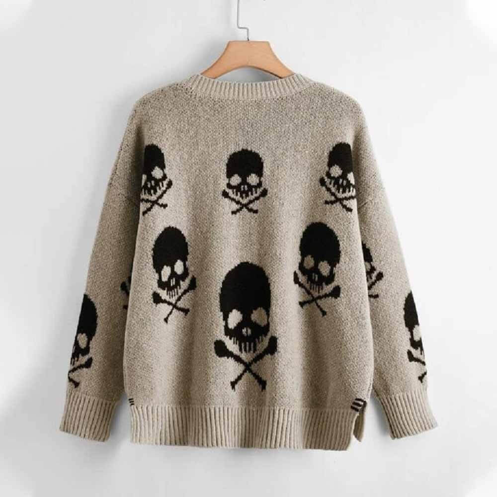 Gothic Skull Print V-Neck Knitted Sweater