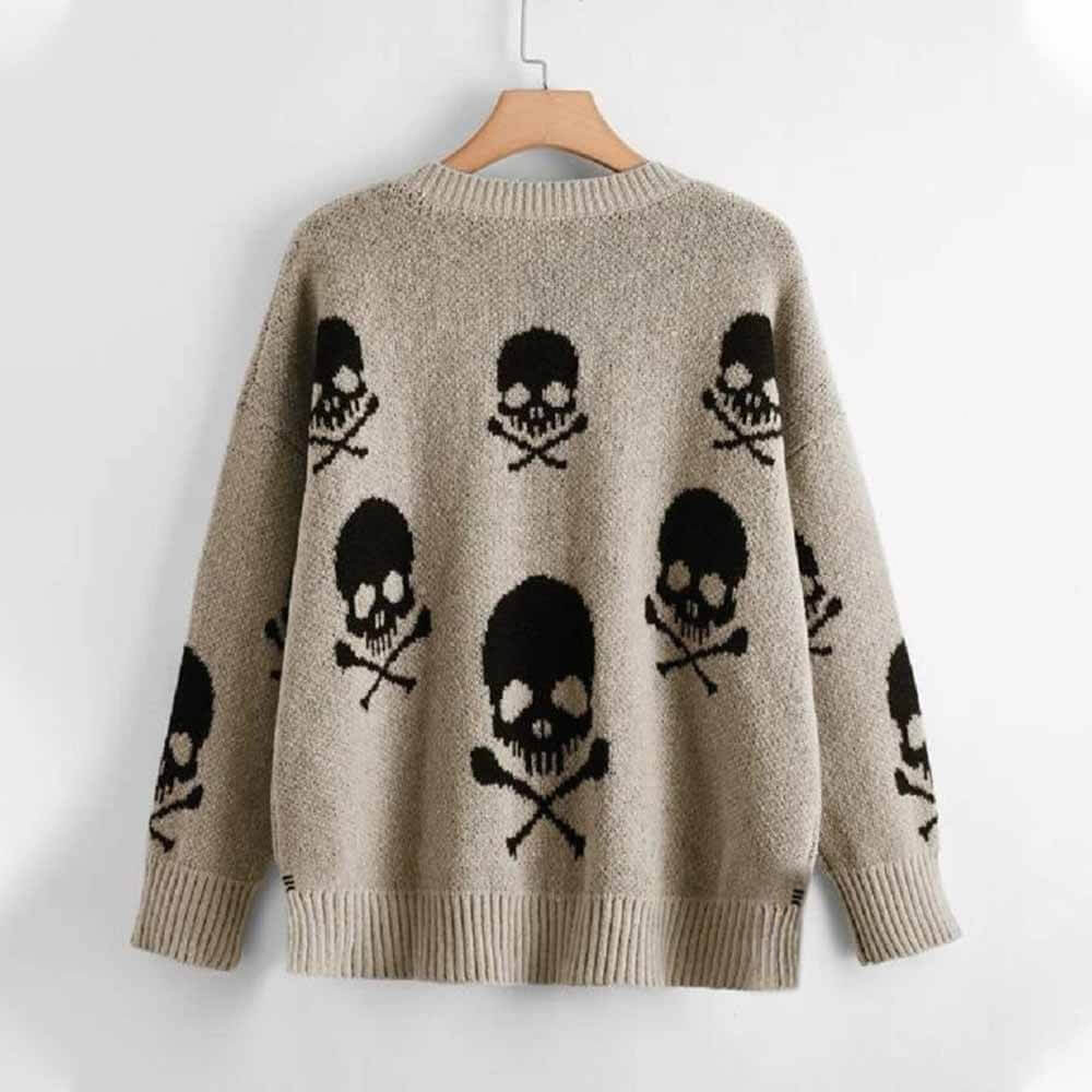 Gothic Skull Print V-Neck Knitted Sweater