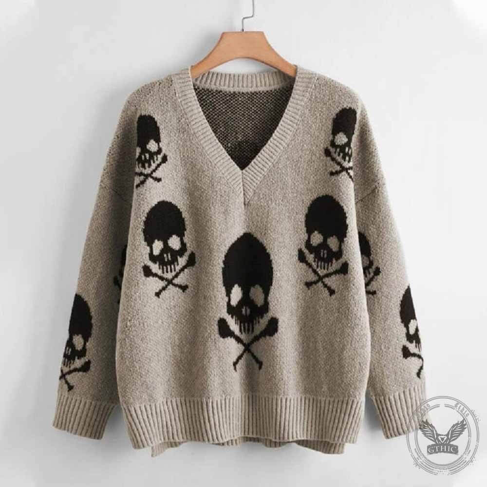 Gothic Skull Print V-Neck Knitted Sweater 02 | Gthic.com