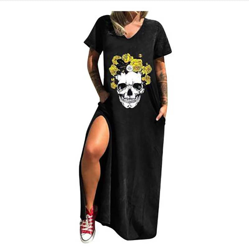 Gothic Skull Print V-neck Women’s Casual Dress