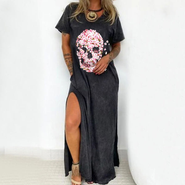 Gothic Skull Print V-neck Women’s Casual Dress