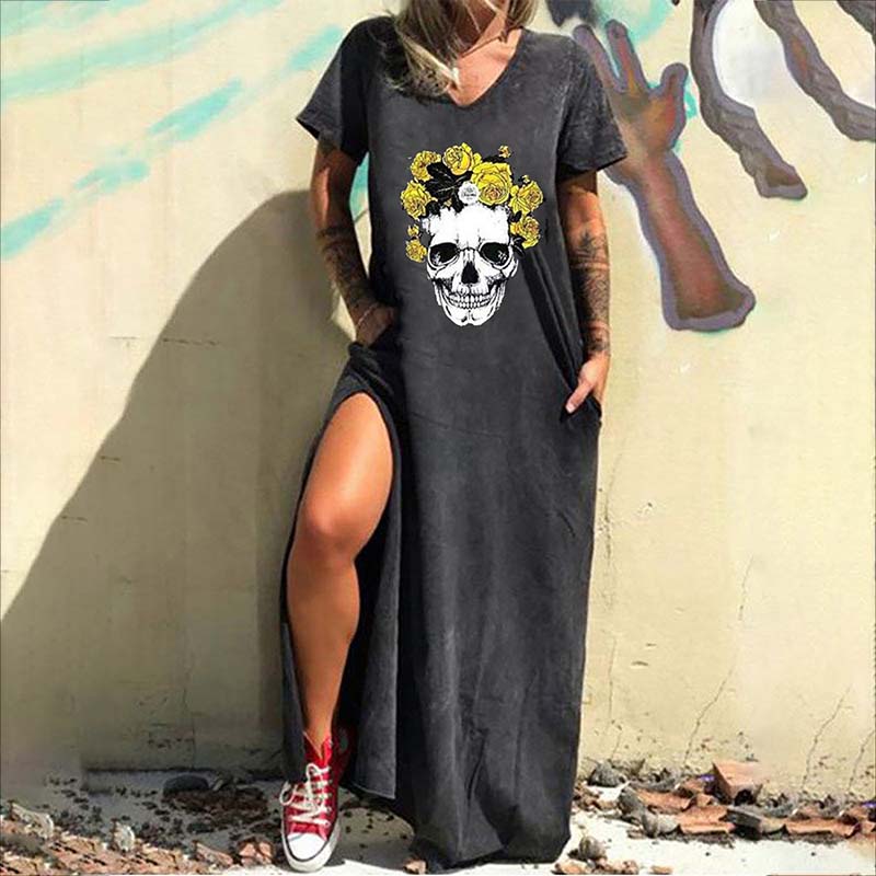 Gothic Skull Print V-neck Women’s Casual Dress