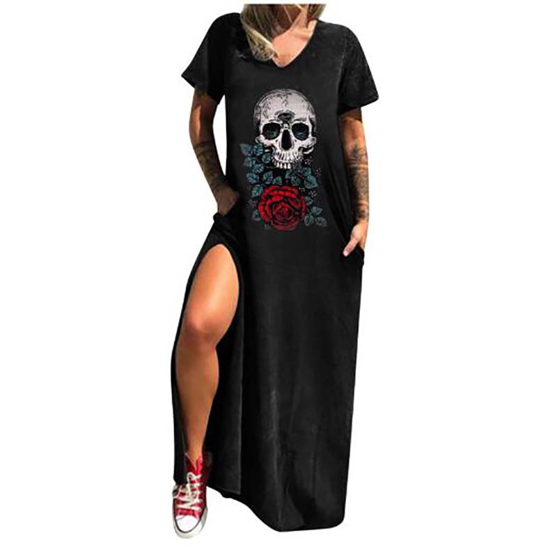 Gothic Skull Print V-neck Women’s Casual Dress