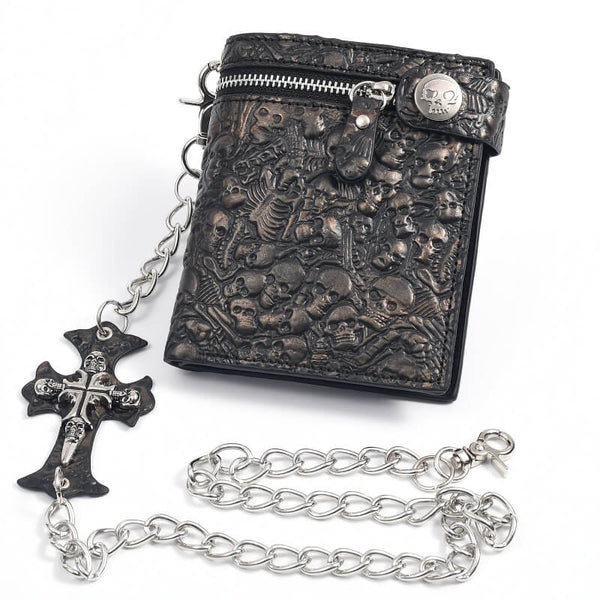 Gothic Skulls Embossed Bifold Chain Wallet | Gthic.com
