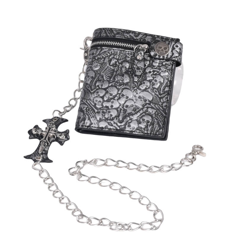 Gothic Skulls Embossed Bifold Chain Wallet | Gthic.com