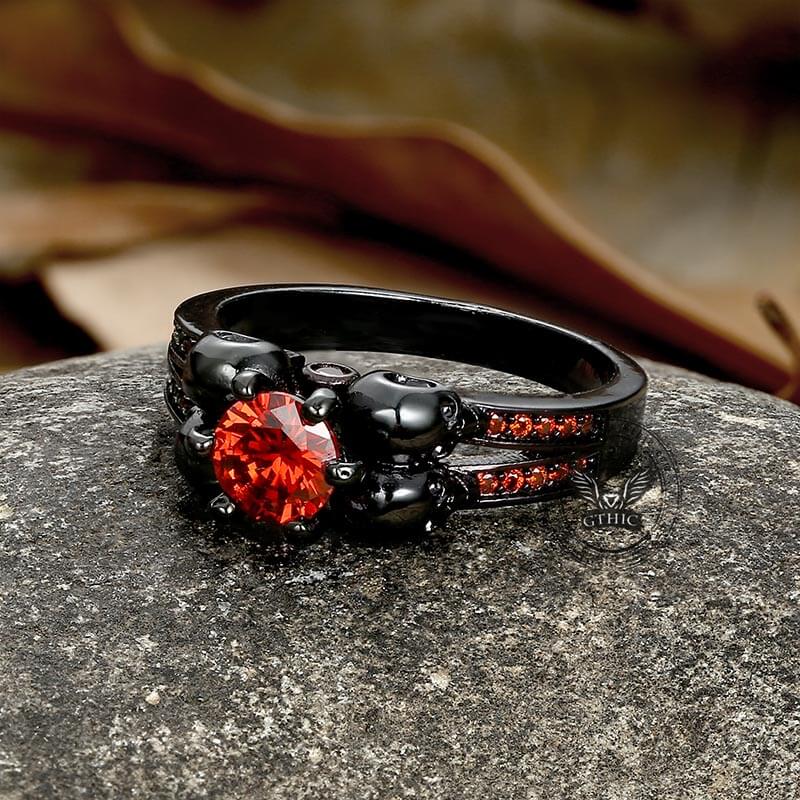 Gothic Skulls Red Zircon Brass Ring | Gthic.com