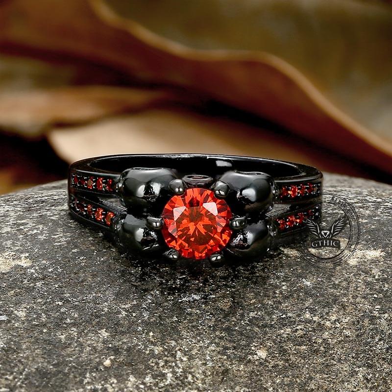 Gothic Skulls Red Zircon Brass Ring | Gthic.com
