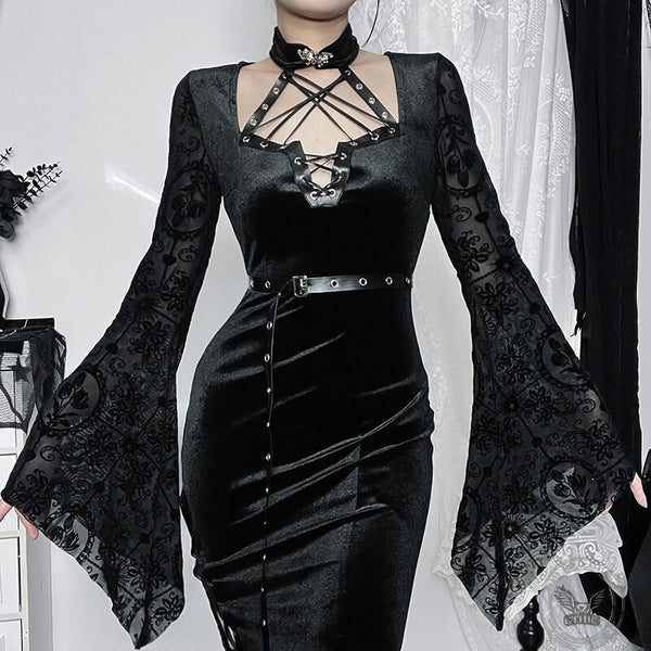 Gothic Slit Lace-Up Bell Sleeve Velvet Dress | Gthic.com