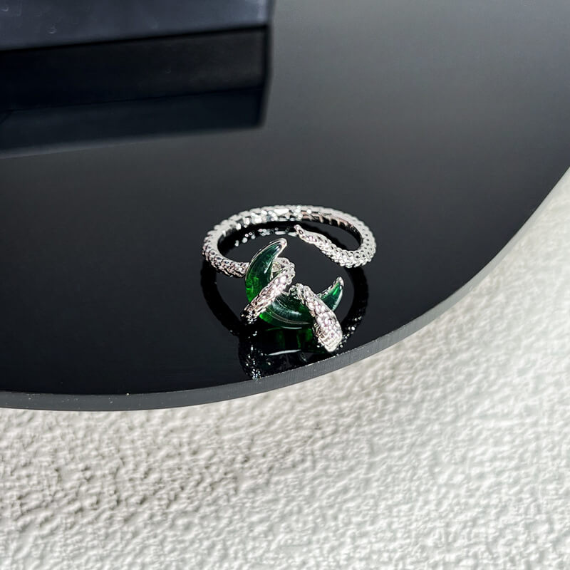 Gothic Snake-wrapped Gem Moon Copper Open Ring
