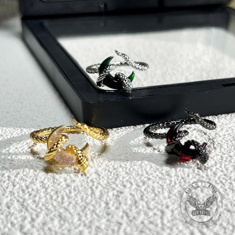 Gothic Snake-wrapped Gem Moon Copper Open Ring | Gthic.com