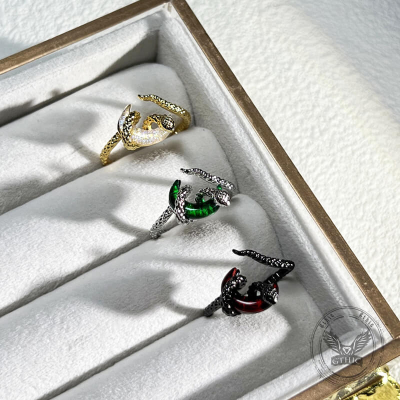 Gothic Snake-wrapped Gem Moon Copper Open Ring