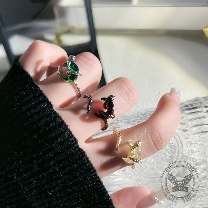 Gothic Snake-wrapped Gem Moon Copper Open Ring | Gthic.com