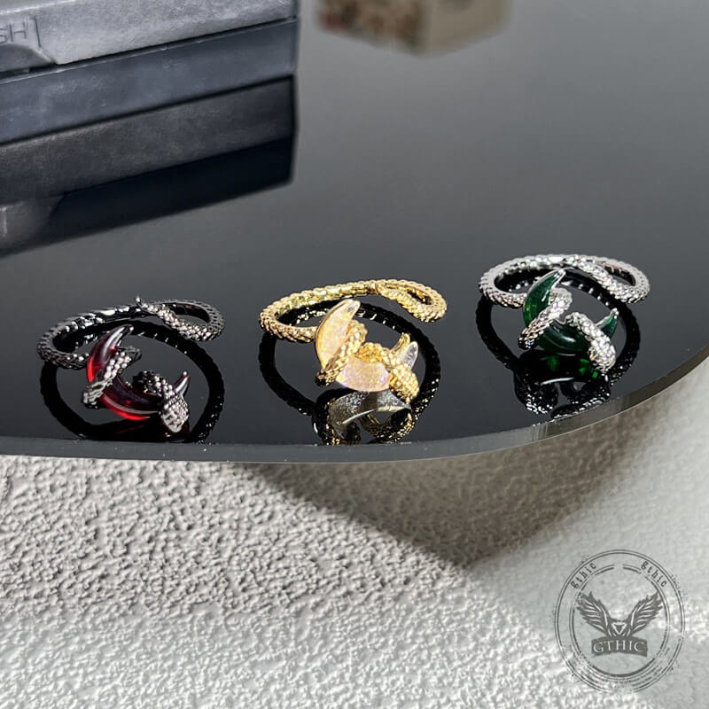 Gothic Snake-wrapped Gem Moon Copper Open Ring | Gthic.com