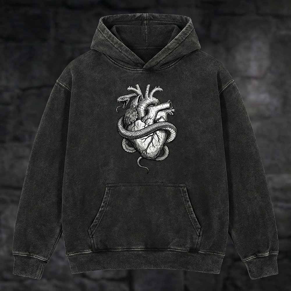 Gothic Snake Wrapped Heart Vintage Washed Hoodie | Gthic.com