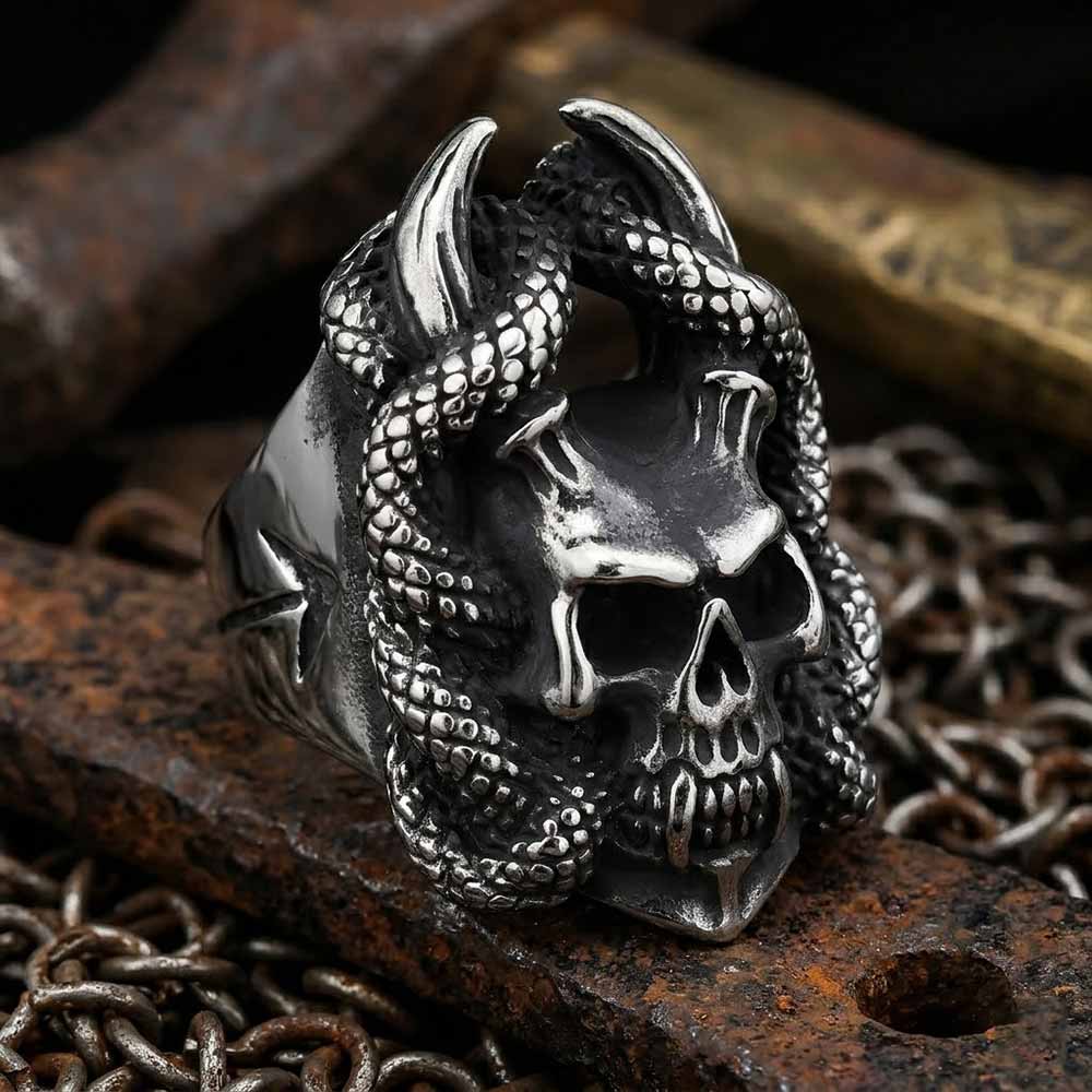 Gothic Snake Wrapped Horn Skull Stainless Steel Ring | Gthic.com