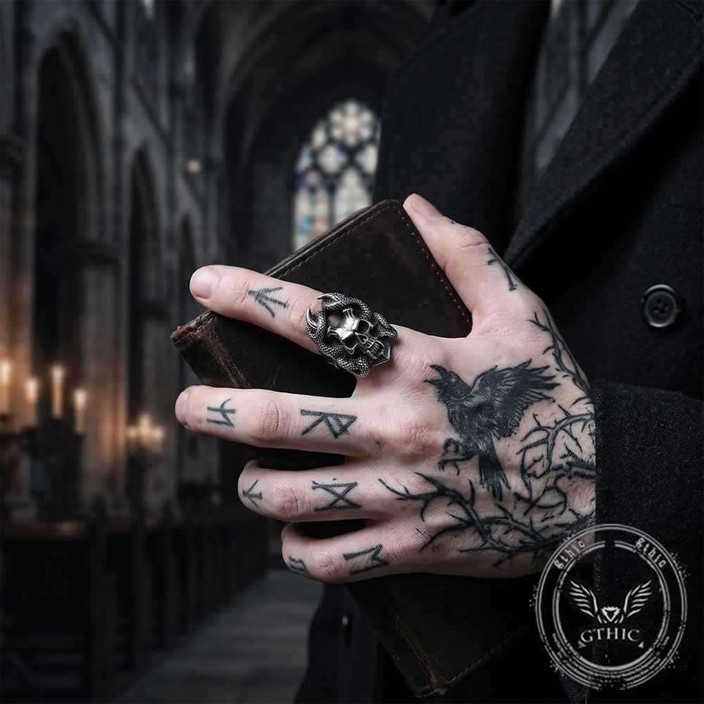 Gothic Snake Wrapped Horn Skull Stainless Steel Ring | Gthic.com