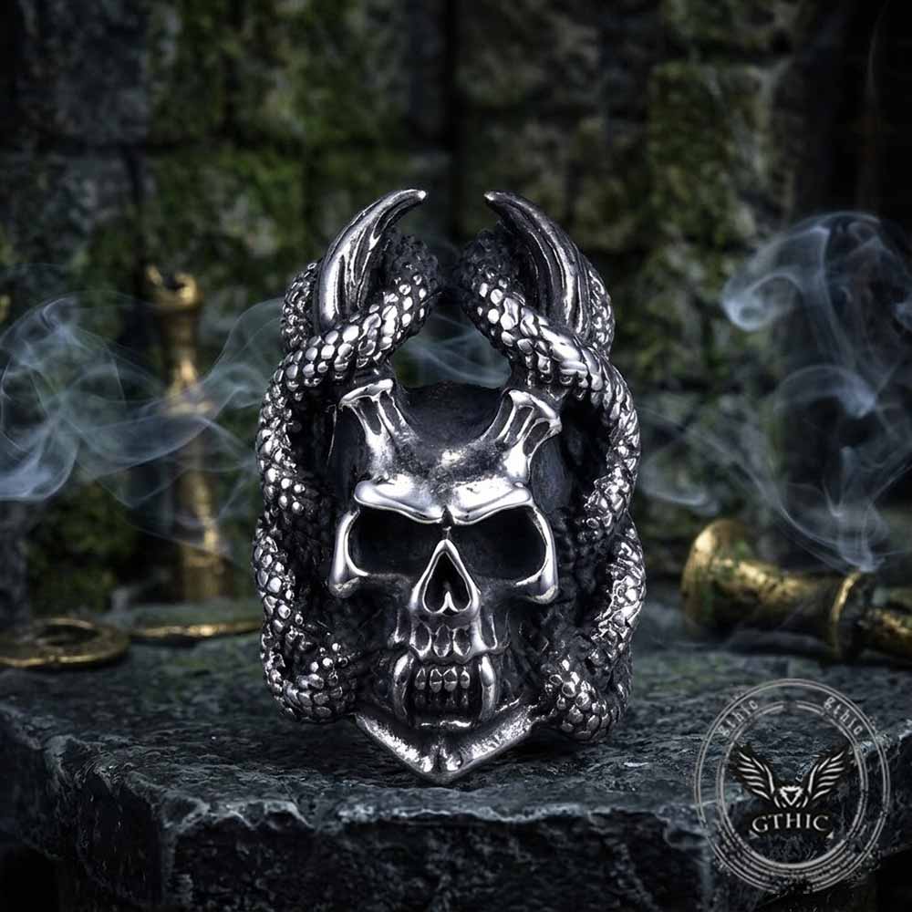 Gothic Snake Wrapped Horn Skull Stainless Steel Ring | Gthic.com