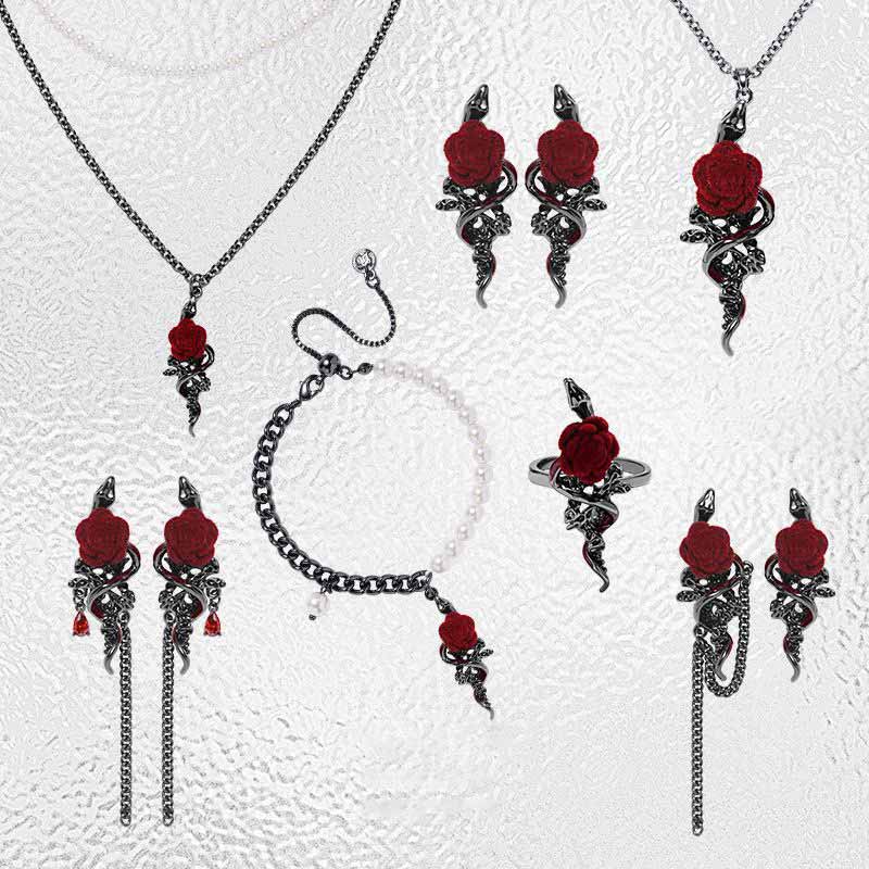 Gothic Snake Wrapped Rose Alloy Jewelry Set 01 | Gthic.com