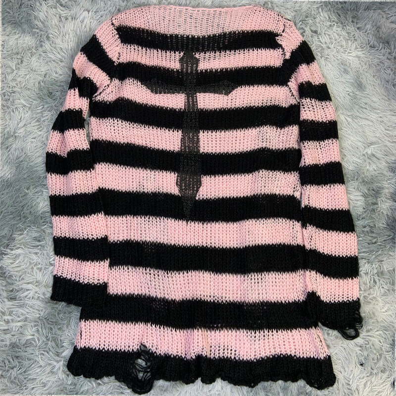 Gothic Spider Cross Print Striped Knit Sweater | Gthic.com