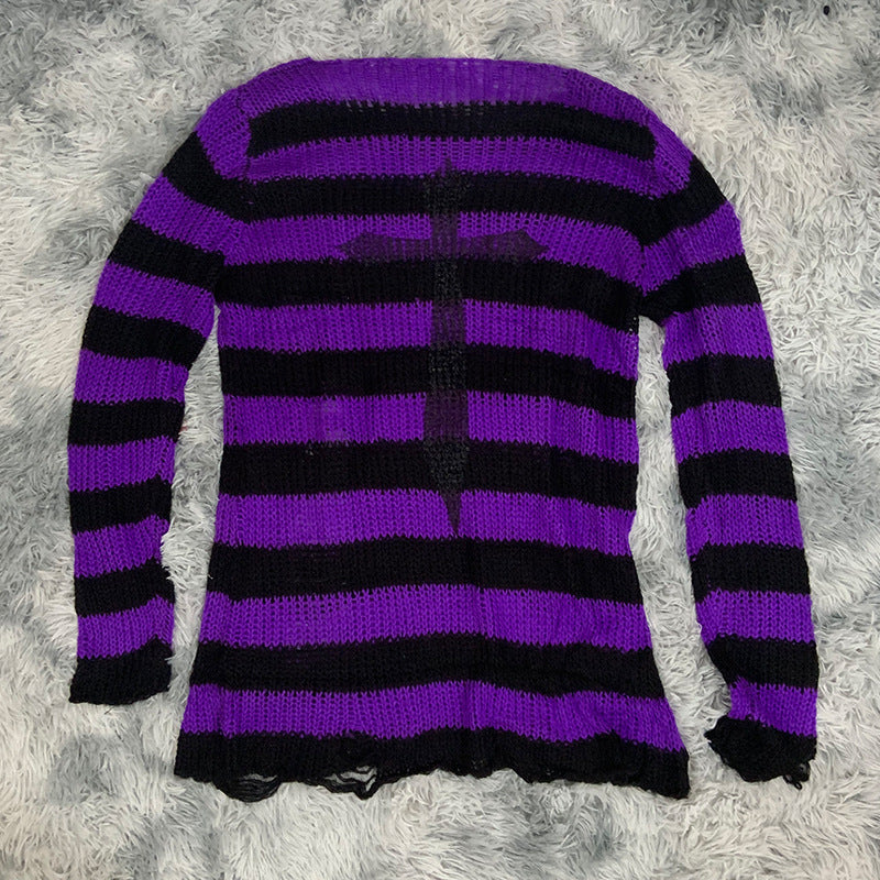 Gothic Spider Cross Print Striped Knit Sweater | Gthic.com
