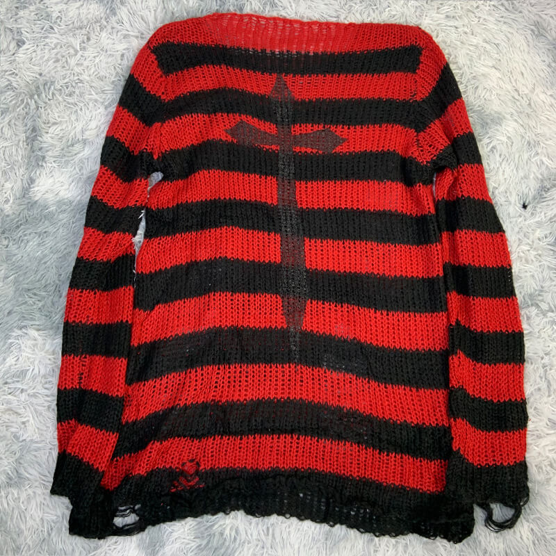 Gothic Spider Cross Print Striped Knit Sweater | Gthic.com
