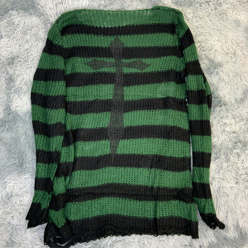 Gothic Spider Cross Print Striped Knit Sweater | Gthic.com
