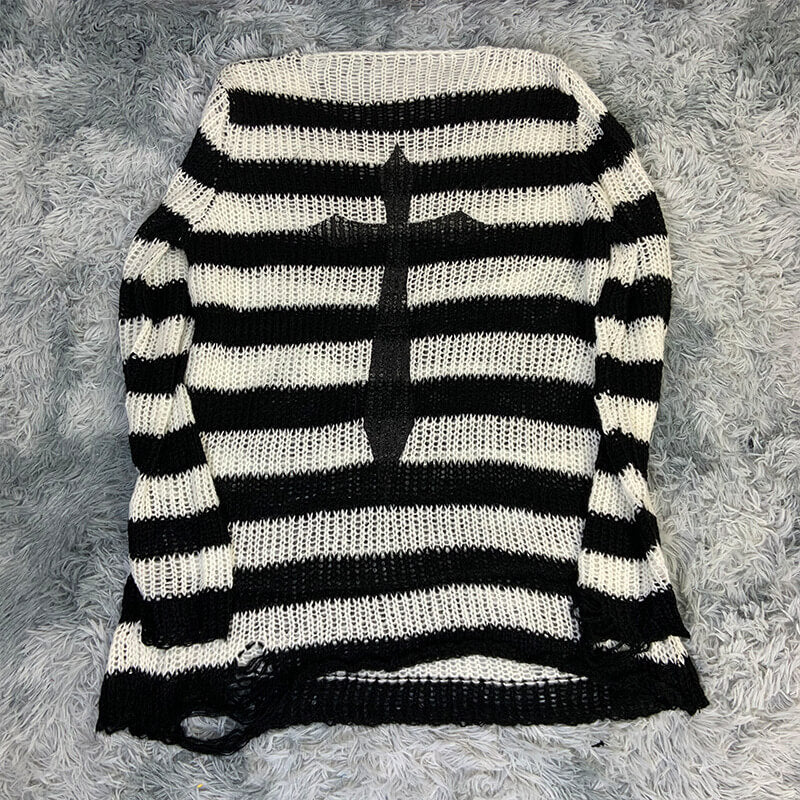 Gothic Spider Cross Print Striped Knit Sweater | Gthic.com