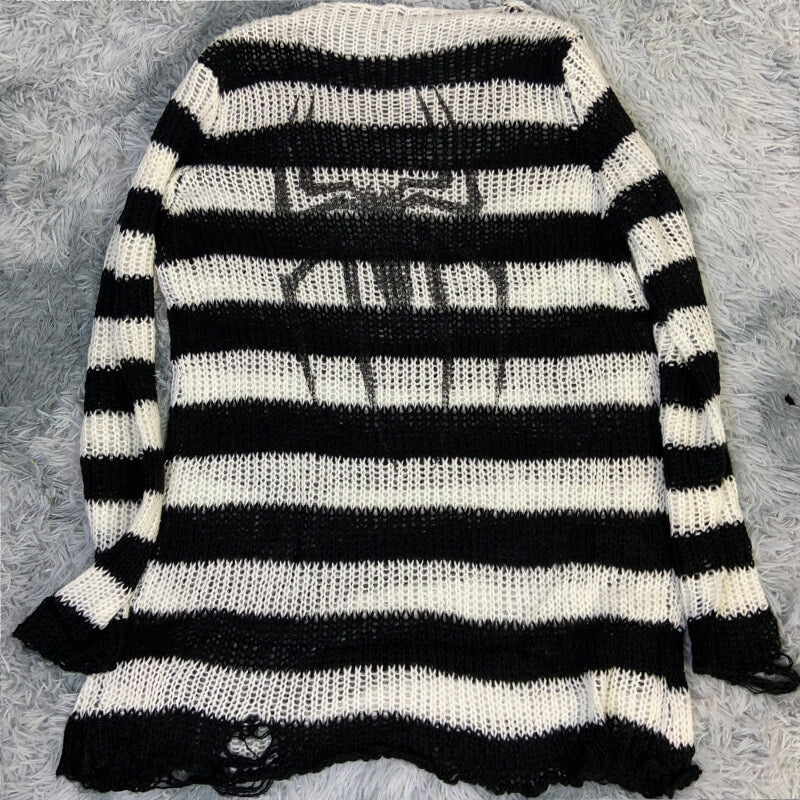 Gothic Spider Cross Print Striped Knit Sweater | Gthic.com