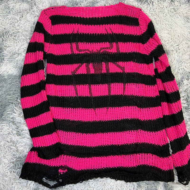Gothic Spider Cross Print Striped Knit Sweater | Gthic.com