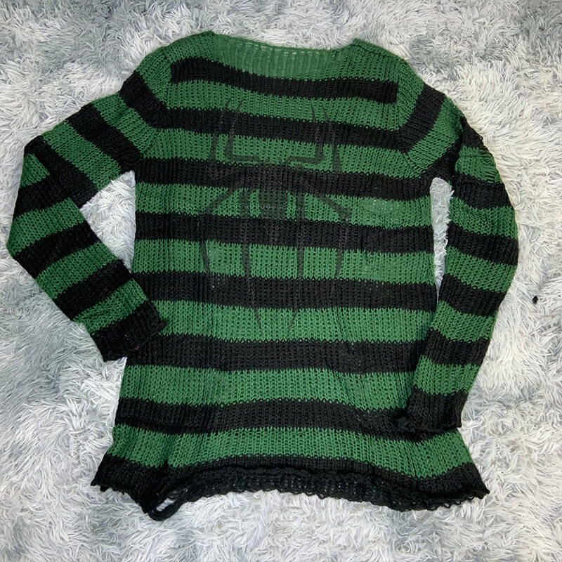 Gothic Spider Cross Print Striped Knit Sweater | Gthic.com