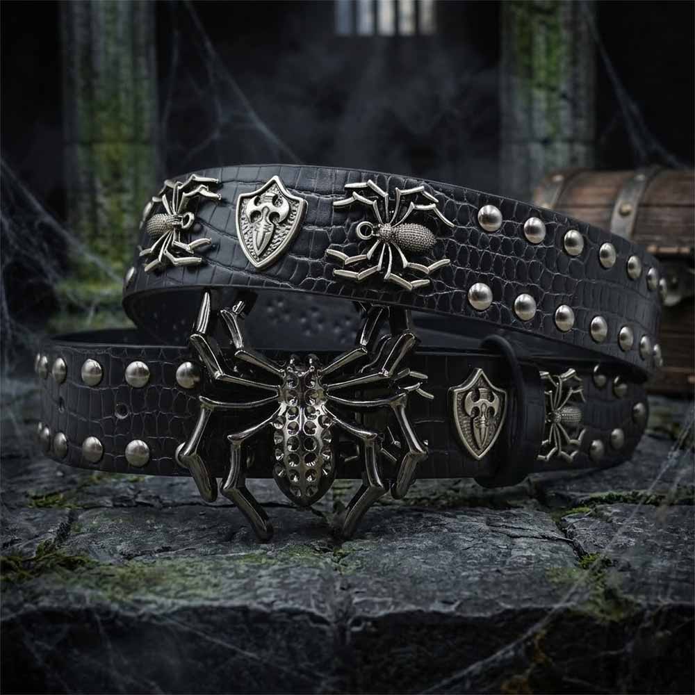 Gothic Spider Shield Y2K Rivet PU Leather Belt | Gthic.com