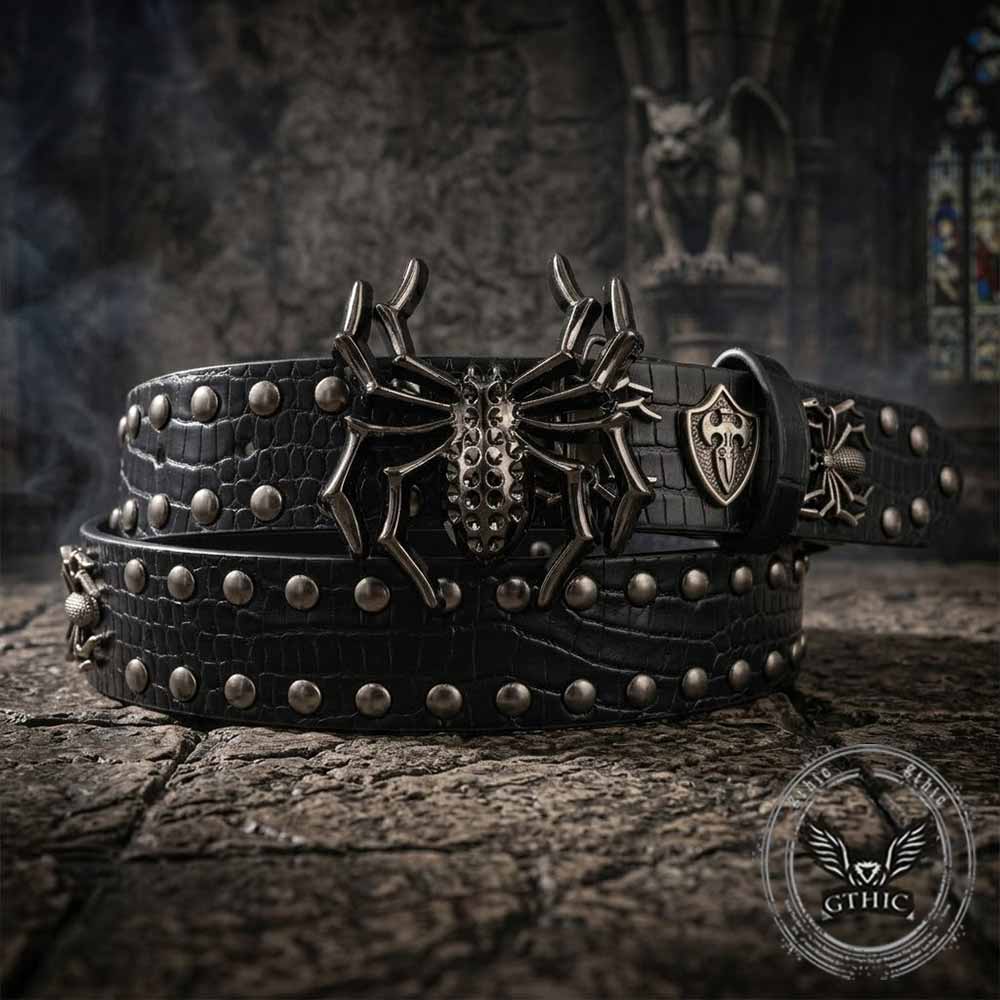 Gothic Spider Shield Y2K Rivet PU Leather Belt | Gthic.com
