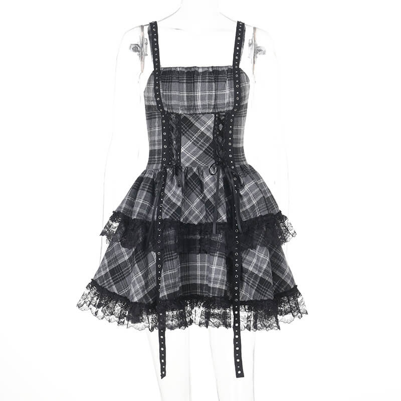 tartan lace dress Gothic Style Black and Gray Plaid Lace Dress