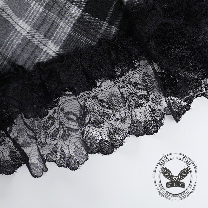 Gothic Style Black and Gray Plaid Lace Dress GTHIC Gothic Style Black and Gray Plaid Lace Dress GTHIC